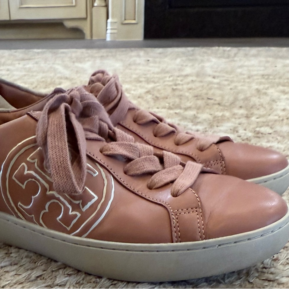 Tory Burch Pink Moon Leather Suede Logo Sneakers - Picture 3 of 6